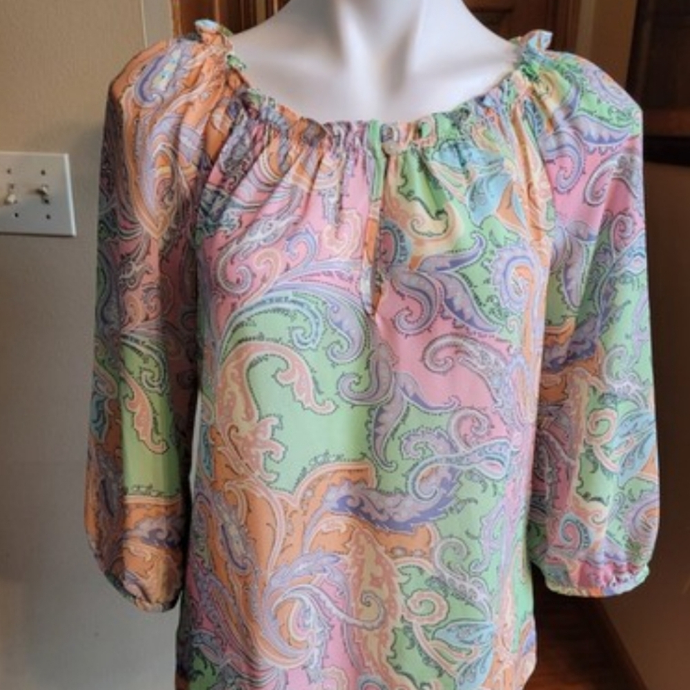 Chaps Pastel Multicolored Relaxed V-Neck Blouse with 3/4 Sleeves